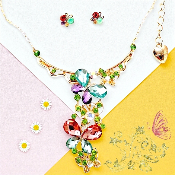 Gold Multicolor Crystal Butterfly Necklace Earrings Set - Picture 1 of 15